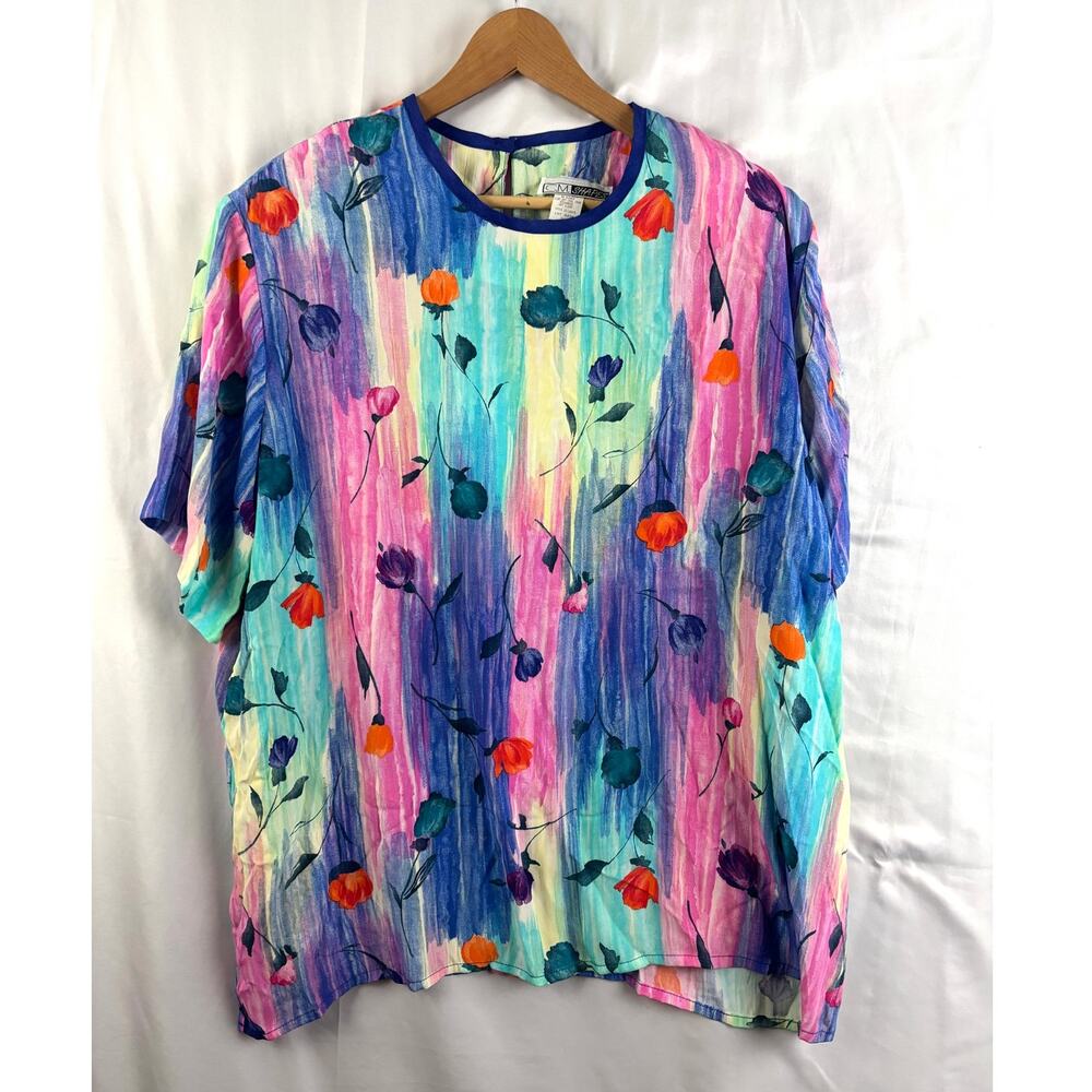 Vintage CM Shapes Women Pastel Floral Pattern Short‎ Sleeve Top 2X New 1990s
